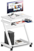 sogesfurniture Mobile Compact Computer Desk Cart for Small Spaces Portable Computer Desk Small Rolling Work Workstation for Home and Office with Printer Shelf Keyboard DrawersWhite