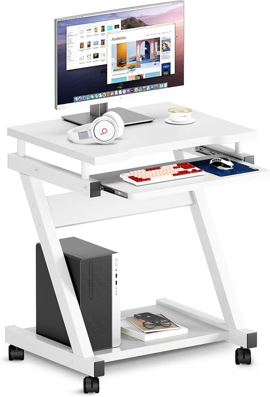 sogesfurniture Mobile Compact Computer Desk Cart for Small Spaces Portable Computer Desk Small Rolling Work Workstation for Home and Office with Printer Shelf Keyboard DrawersWhite