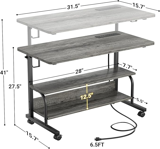 32 Height Adjustable Standing Desk with Power Outlets - Manual Rolling Stand Up Desk with Wheels Small Portable Computer Desk Mobile Laptop Table with Storage Shelves for Home Office Grey Oak
