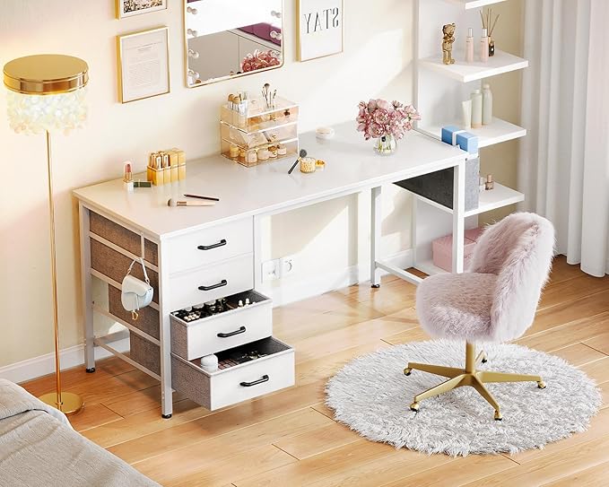 Casaottima 48-Inch Computer Desk with 4 Fabric Drawers — Home Office Desks with Storage Writing Desk with Side Hook and Cloth Bag Modern Study/Work Table for Bedroom and Small Space White
