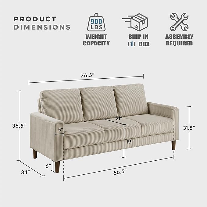 Lexicon Modern Sofa Corduroy Fabric Upholstered Living Room Sofa Couch with Brown Legs Track Arms Comfy Couch for Living Room/Bedroom/Apartment 3-Seater Taupe