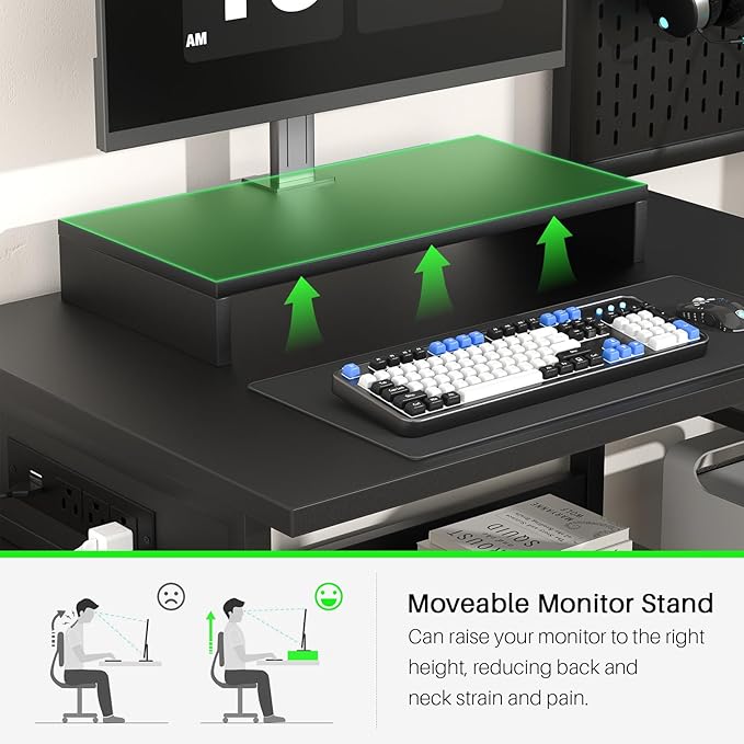Small Gaming Desk with 2 Fabric Drawers - Reversible Computer Desk with Power Outlet &amp LED Lights 49 Office Desk with Monitor Stand &amp Storage Shelves Writing Study Table with Pegboard Blac
