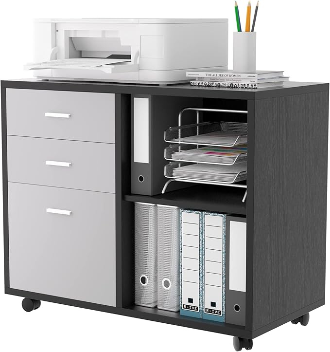 Generic 32'' Wide 3 Drawer Mobile Lateral Filing CabinetBlack Oak and Grey File Cabinet with Printer Stand for Home Office