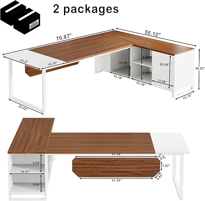 Oigavfd 70.8 L Shape Executive Desk with File Cabinet and Printer Stand L Shaped Computer Desk with Storage and Metal Frame Corner Desk for Home Office (Walnut White)
