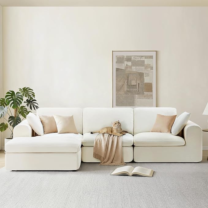 108 Boneless Cloud Couch Sectional No Assembly Required Modular Sofa with Deep Seat for Living Room L Shaped Couch with Ottoman Snowflake Fabric and Memory Sponge White