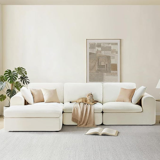 108 Boneless Cloud Couch Sectional No Assembly Required Modular Sofa with Deep Seat for Living Room L Shaped Couch with Ottoman Snowflake Fabric and Memory Sponge White