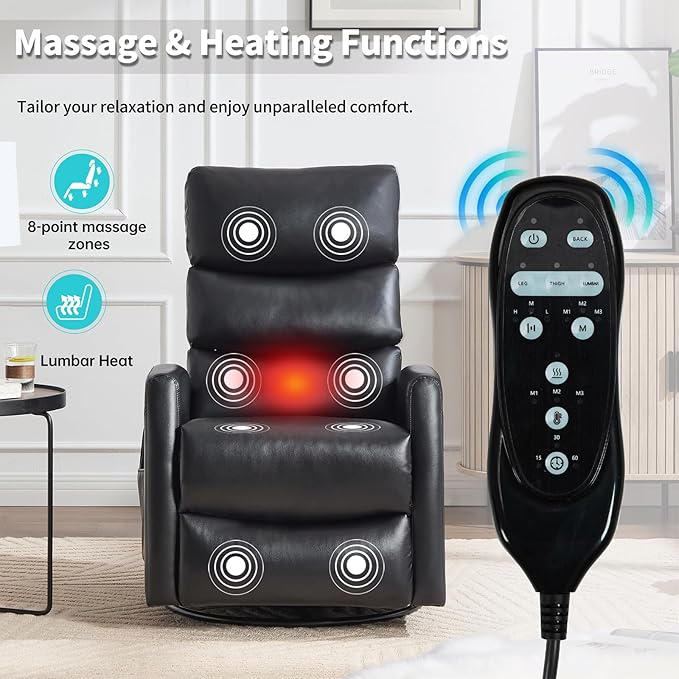 Massage Chair Recliner with Heat Swivel Rocking Chair Recliner with High Back Manual Lazy Boy Recliners for AdultsSmall Recliner Chair for Small Spaces Living Room Bedroom Fabric (Black)