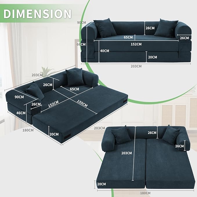 4-in-1 Folding Convertible Sofa Bed 80 Inch Oversized Corduroy Boneless Couch Loveseat Sleeper with Pull Out Bed Floor Sofa Modular Futon Teddy Sofa for Living Room Bedroom Lounge Navy Blue