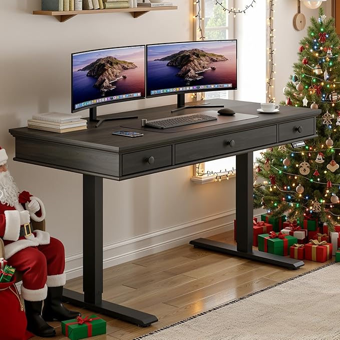 ONBRILL Standing Desk with Drawers 55 x 23 Inch Electric Height Adjustable Desk with Storage &amp Outlets for Computer Workstation Home Office Retro Curved Table Corner Design Black Walnut