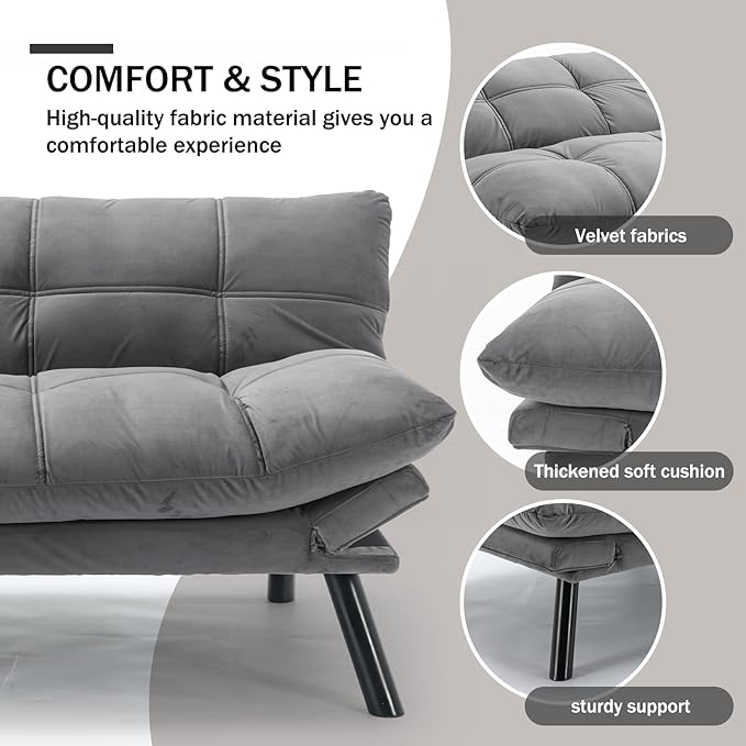 Convertible Futon Double Sofa Bed2 in 1 with Adjustable Backrest Memory Foam Loveseat for Living Room Bedroom Office Apartment Compact Sofa(Grey)