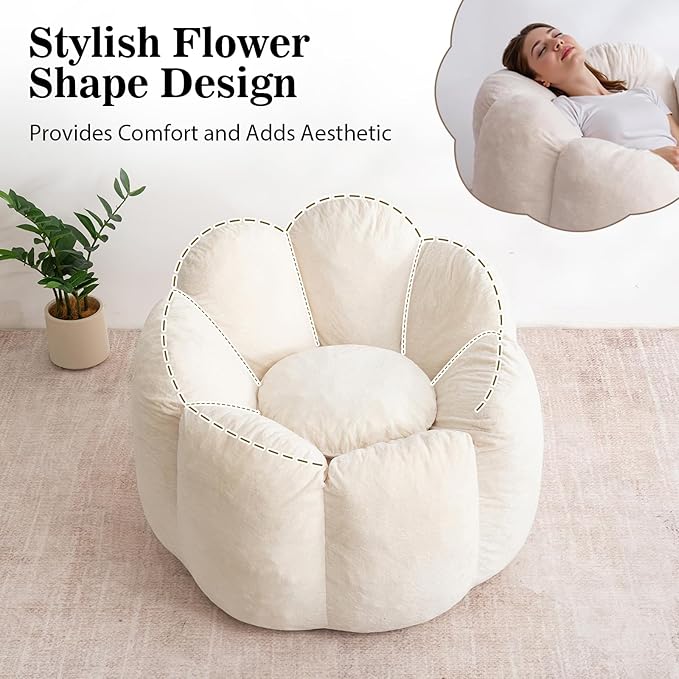 HOMMPA Bean Bag Chair for Adults Comfy Velvet Bean Bag Couch with Back Support Flower Shaped Oversized Sofa for Living RoomBedroomDormBeige