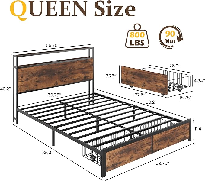 Lifezone Queen Bed Frame with 2-Tier Storage Headboard Metal Bed Frame with Storage Drawers &amp Built-in Charging Station &amp LED Noise-Free No Box Spring Needed Easy Assembly Rustic Brown