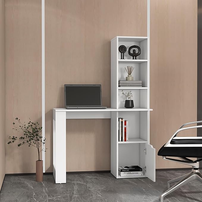 Home Office Desk Computer Desk with 4-Tier Bookcase and 1-Door Cabinet White