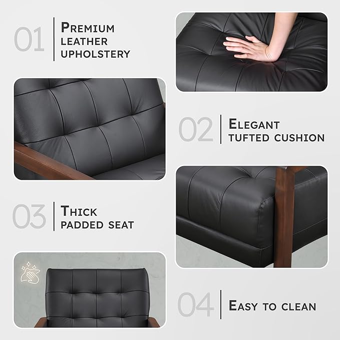 Lexicon Modern Accent Chair Luxury Genuine Leather Match Living Room Chair with Tufted Cushions Solid Wood Frame and Arm Rest Comfy Upholstered Single Seat for Bedroom/Reading/Office Black