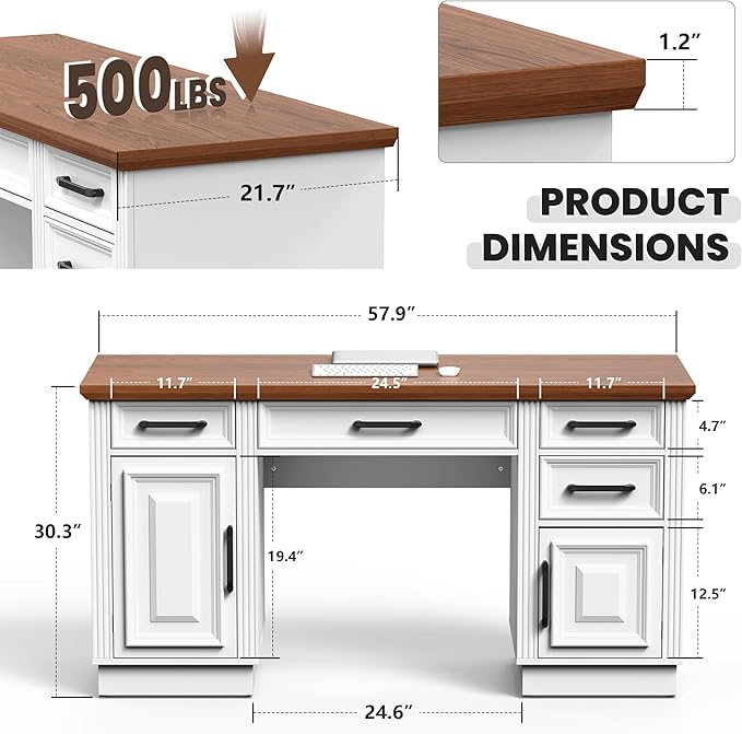 58 Farmhouse Executive Desk Wood Home Office Desk with Drawers Computer Desk with Drawers and Storage Cabinet Workstation for Office Home Ivory White