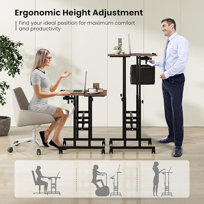 Tangkula Mobile Standing Desk Height-Adjustable Laptop Podium Cart with Tilting Tabletop &amp Adjustable Angle Rolling Stand Up Computer Desk with 2 Hanging Hooks &amp Lockable Casters for Home Of