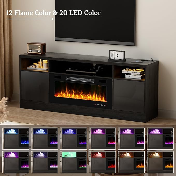 70'' TV Stand with Fireplace and Power Outlet-Black Entertainment Center for 75+ inch TV- 27'' High TV Cabinet with LED Light Storage High Glossy Door Modern TV Console for Living Room