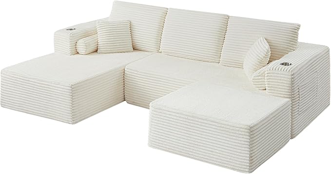 Kiztir 107 Boneless Couches for Living Room Corduroy Cloud Couch with Cup Holder and Pillows Convertible Deep Seat Sectional Sofa with Ottoman No Assembly Required (Beige) | Free Combination Wide