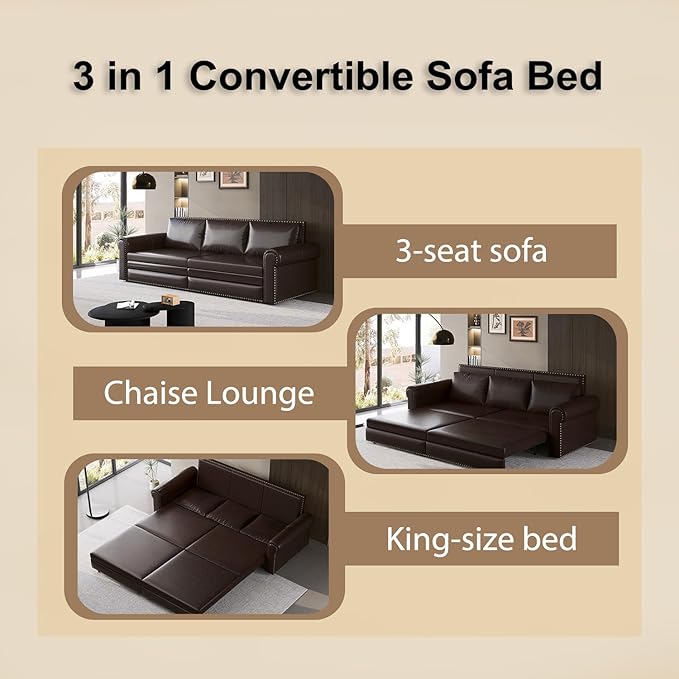 JOYBASE Pull Out Sofa Bed King-Size Convertible Sleeper Sofa Modern 3-Seater Faux Leather Couch with Nailhead for Living Room Office Apartment (Dark Brown)