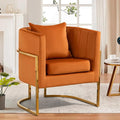 Velvet Modern Accent Chair Upholstered Barrel Armchair Mid Century with Pillow for Living Room Comfy Single Vanity Chair with Metal Gold Legs for Bedroom Orange