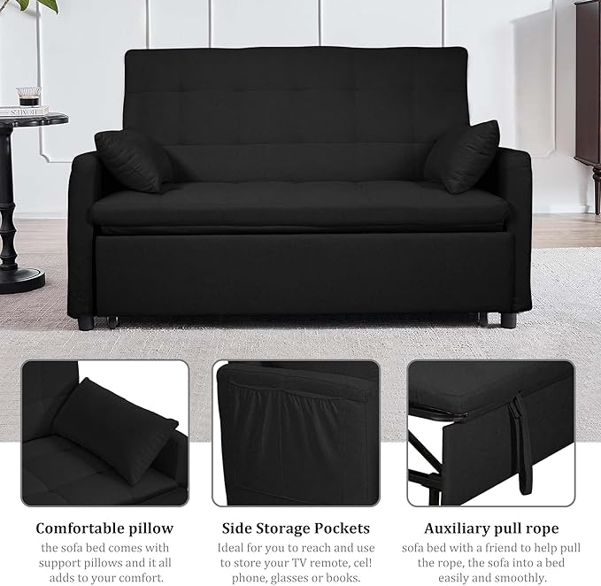 66 Black Sofa Sleeper Loveseat Sofa Bed Queen Size Pull Out Couch with 2 Pillows Pocket &amp Adjustable Backrest Small Couch Bed for Small Spaces Bedroom Apartment Living Room (Black 67) | C