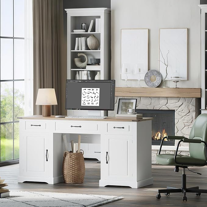 IDEALHOUSE 60 Farmhouse Executive Desk with Drawers Wood Home Office Desk with Storage Cabinet Rustic Computer Writing Desks for Home Study Work Antique White