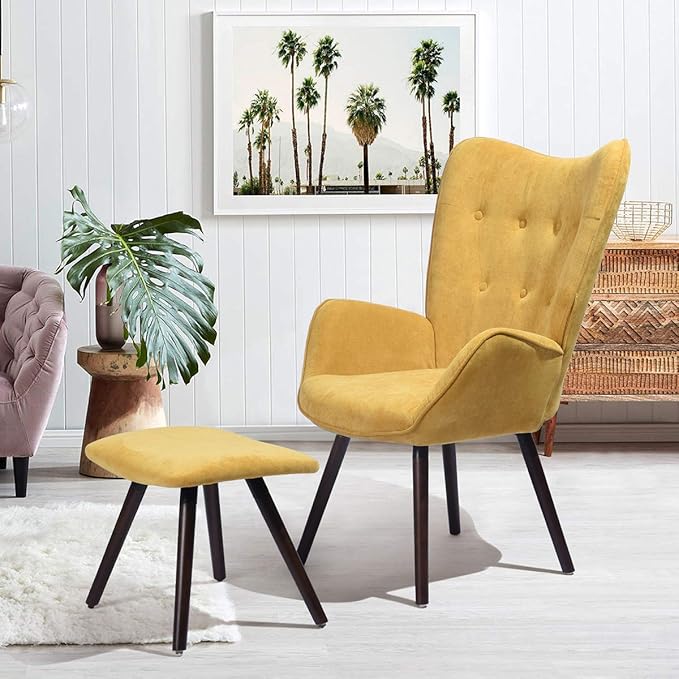 Accent Chair Ottoman Set for Living Room Wing Back Armchair Tufted Back Upholstery Living Room Chairs - Orange