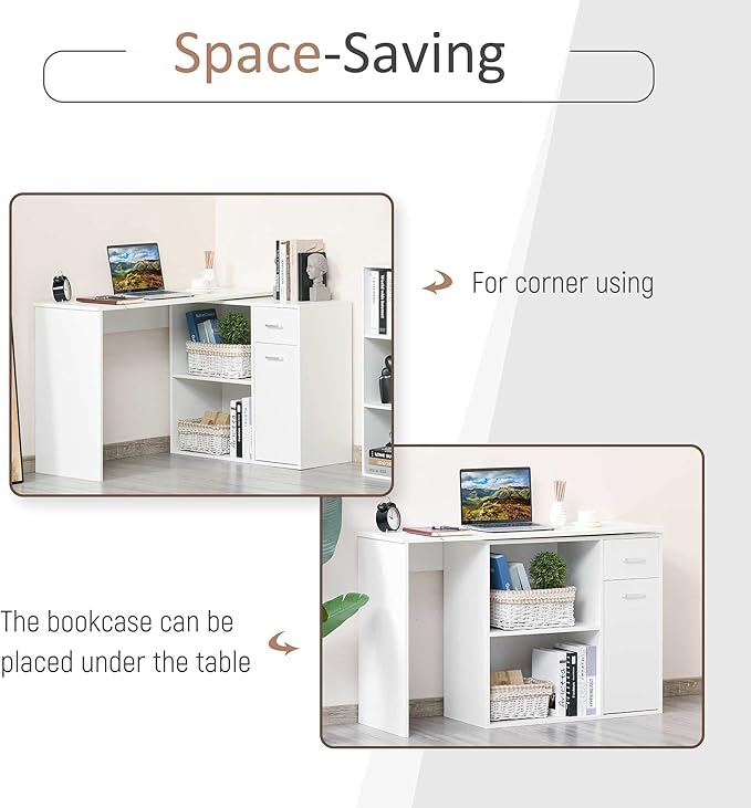 L Shaped Computer Desk 180° Rotating Corner Desk with Storage Shelves Drawer and Cabinet Study Workstation for Home Office White