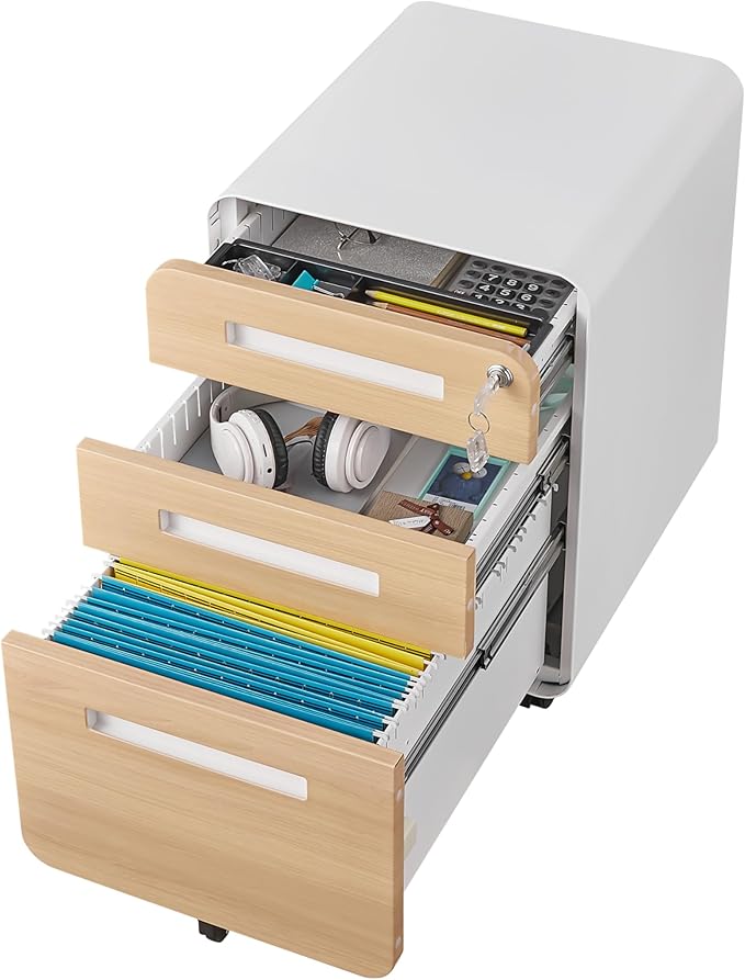3 Drawer Mobile File Cabinet with Lock Under Desk Metal Filing Cabinet for Home Office Assembled Removable Under Desk Storage with Wheels for A4-Size/Letter-Size/Legal-Size (Wood Grain)