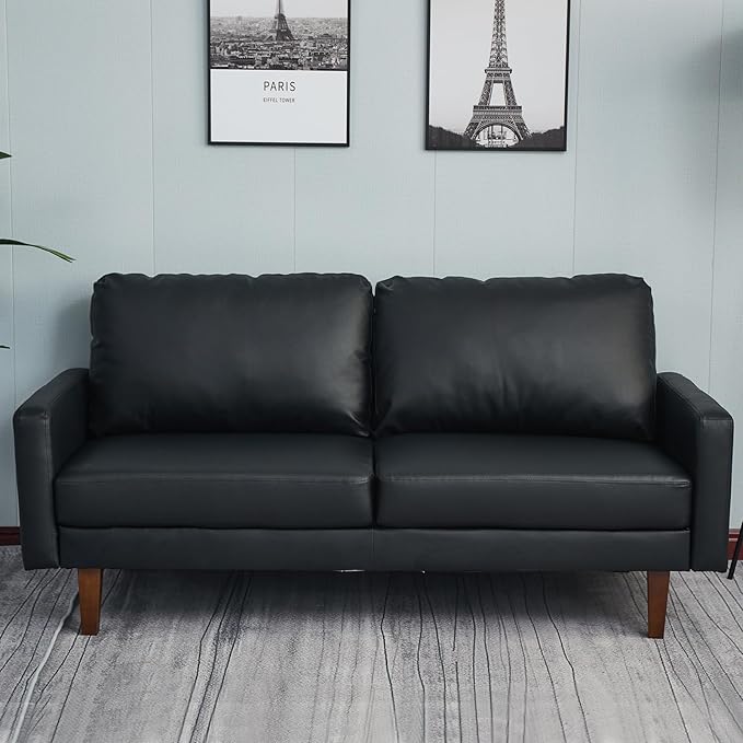 Faux Leather Sofa Mid-Century Modern Couch with Wooden Legs for Living Room Office Black