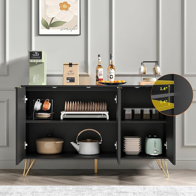 Fluted TV Stand for 100 Inch TVBlack TV Stands for Living RoomModern Entertainment Center with Storage CabinetsAdjustable Shelves &amp Gold HandlesWood Media Console for Living Room