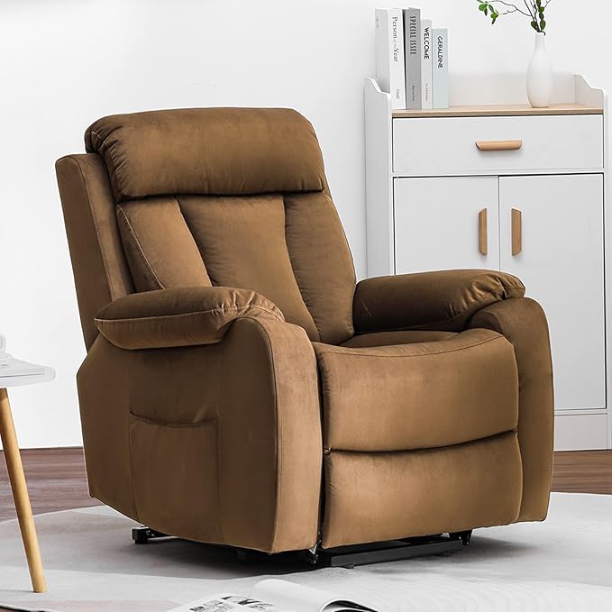 DAZONE Brown Small Power Lift Recliner Chair for Elderly - Quiet Motor Electric Recliner with Overstuffed Comfort with Space-Saving Design for Living Room Bedroom