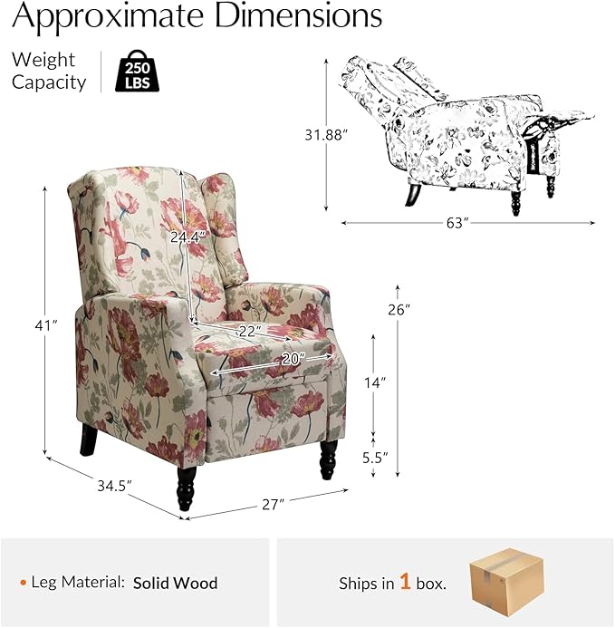 Mid Century Modern Wingback Recliner Chair Upholstered Push Back Recliner Sofa Lounge Armchair for Living Room Home Theater Accent Chairs Recliners Couches