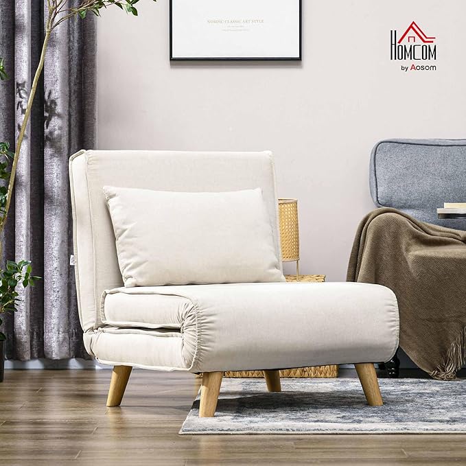 HOMCOM Convertible Chair Bed 2-in-1 Multi-Functional Sofa Bed Sleeper Chair with Adjustable Backrest for Living Room Bedroom Home Office Beige