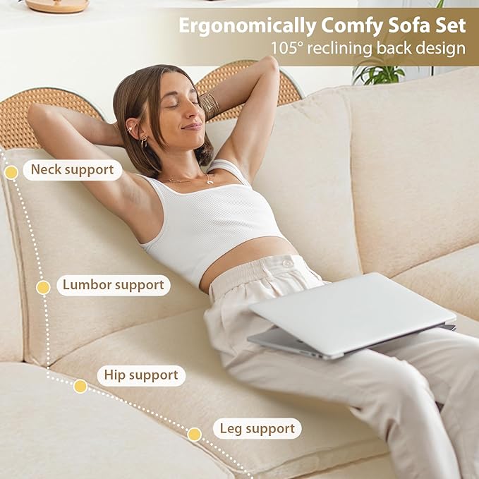 Oversized Modular Sectional Sofa 146.5 Inch L Shaped Cloud Couch Set 4-Seat Comfy Convertible Sofa with 1 Movable Ottoman DIY Combination Sleeper Couch for Living Room(Chenille Beige)