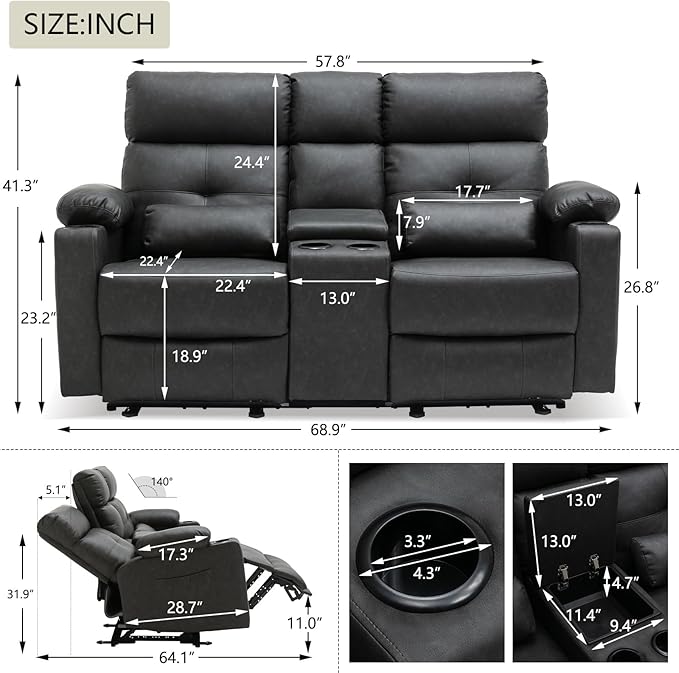 Power Reclining Loveseat with Console Power Loveseat Recliner Sofa with Heat and Massage Extended Footrest Wall Hugger RV Recliner with Cup Holders Lumbar Support for Living Room