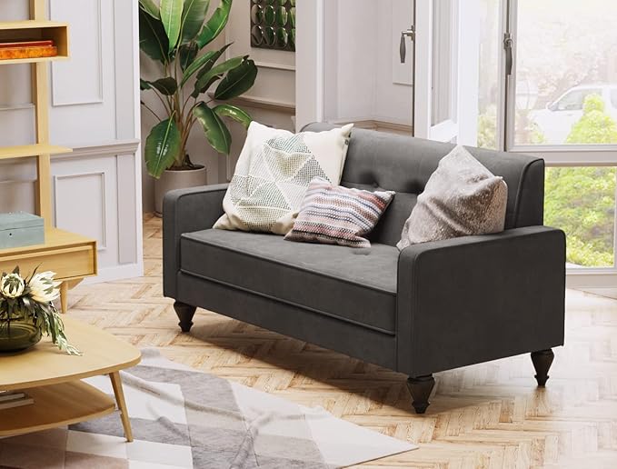 Velvet Love Seat Mini Couch Settee Loveseat Bench for Living Room Upholstered Small Loveseat Sofa with Tufted Padded Cushion Mid Century Modern Grey Love Seat