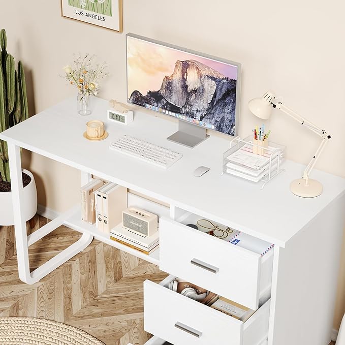 White Desk with 3 Drawers 47 Inch Computer Desk with Drawers for Bedroom Small Home Office Desk with File Cabinet Bottom Shelves for Small Spaces