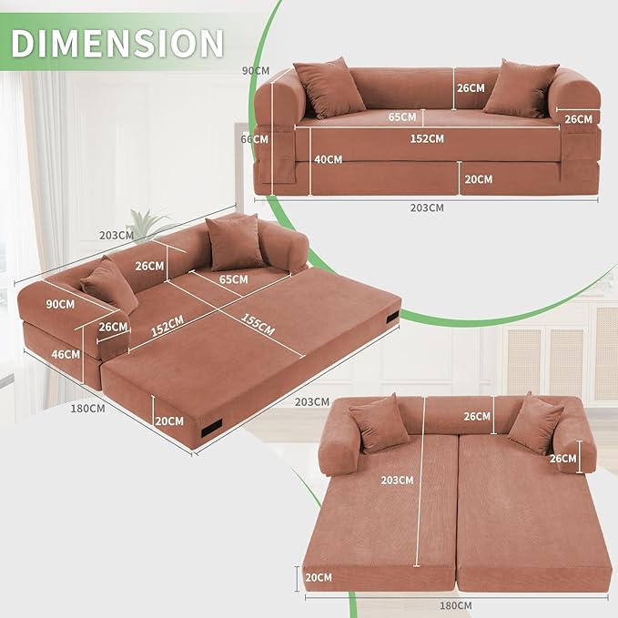 4-in-1 Folding Convertible Sofa Bed 80 Inch Oversized Corduroy Boneless Couch Loveseat Sleeper with Pull Out Bed Floor Sofa Modular Futon Teddy Sofa for Living Room Bedroom Lounge Pink