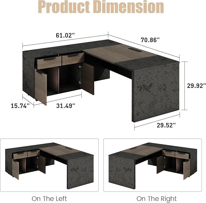 70.86 Inch L Shaped Executive Office Desk with 2 Drawers Large Office Desk with File Cabinet Modern Home Office Desk w/Moveable Stand Under Desk Storage Organizer with 4 Wheels