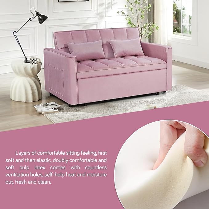 55 Convertible Full Size Sofa Bed 3 in 1 Velvet Sleeper Sofa with Pull-Out Bed Futon Couch with Adjustable Backrest and Side PocketModern Loveseat for Small SpacesLiving Room (Pink)