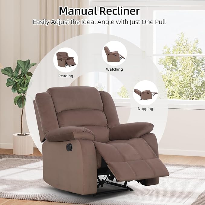 Manual Recliner Chair with Overstuffed Arm and Extra-Padded Back Breathable Fabric Reclining Chair for Adults Single Sofa for Living Room Bedroom (Brown)