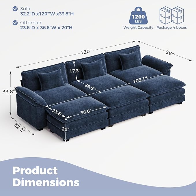 CDCASA 120 Modular Sectional Sofa Comfy Cloud Couch with 3 Movable Ottomans Oversized 6-Seater Chenille Deep Seat Sofa Bed for Living RoomBedroom Blue