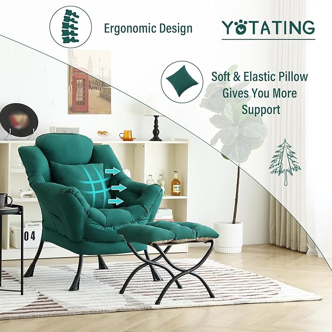 Lazy Chair with Ottoman Comfy Reading Chair with Footstool &amp Pillow Modern Lounge Chairs with Armrests &amp Side Pocket for Living Room Bedroom Dorm RoomDark Green