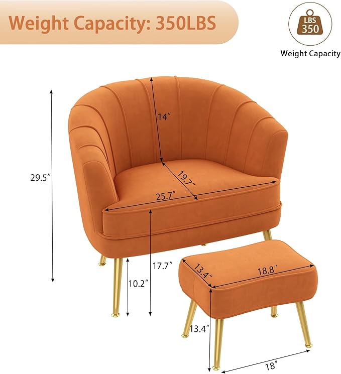 Andeworld Velvet Accent Chair with OttomanUpholstered Modern Single Sofa Side ChairComfy Barrel Club Living Room Armchair with Golden Metal Legs for Bedroom Living Reading Room OfficeCaramel Orange