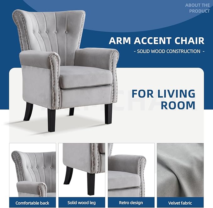 Modern Velvet Accent Chair Upholstered Tufted Armchair Wingback Chair Single Sofa Club Chair with Solid Wood LegsComfy Reading Chair for Living RoomBedroomLoungeOffice (Gray)