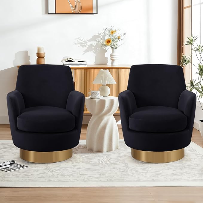 360° Swivel Barrel Chair Set of 2 28.3 Modern Velvet Round Accent Chair Comfy Upholstered Small Armchair with Gold Metal Base for Living Room Bedroom Nursery Office Sillas para Sala Black