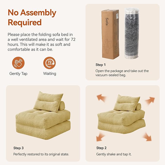 Folding Sofa Bed Fold Out Chair Bed with Pillow Convertible Sleeper Chair for Living Room/Small Spaces Foldable Lazy Sofa Bed Floor Chair Comfy Teddy Velvet Couch Bed Yellow