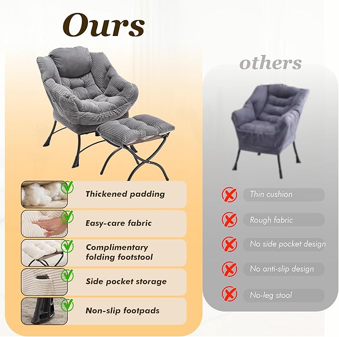 QQU Lazy Chair with Ottoman Corduroy Lounge Armchair Reading Chair with Footrest for Living Room Balcony Study (Grey)