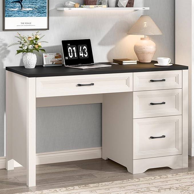 Vabches Farmhouse Executive Desk with Storage and Ample File Drawer Rustic Large Home Writing Desk for Bedroom Black